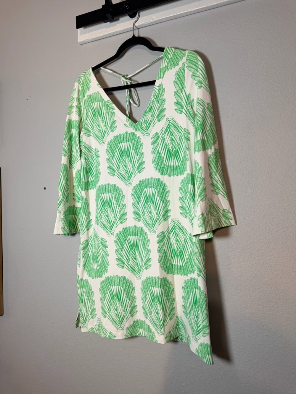 Green Shell-Print Mini Dress - V-Neck Tie Back